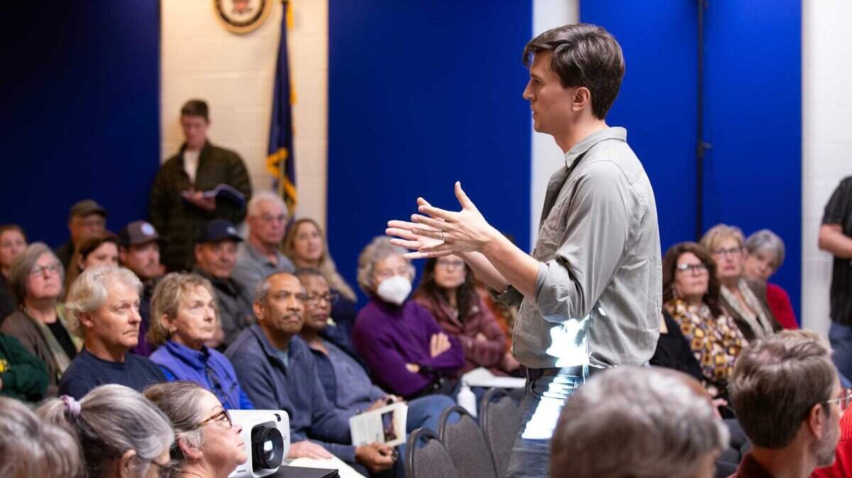 California Forever CEO Jan Sramek gives a presentation Tuesday during a town hall in Rio Vista in December 2023 to get public input on a proposed utopian residential development in Solano County.