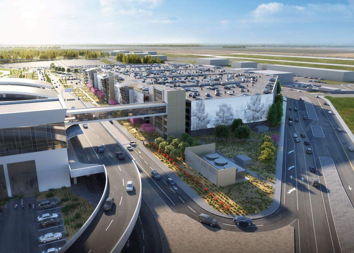 An artist’s rendering shows the new six-story parking garage under construction at Sacramento International Airport.