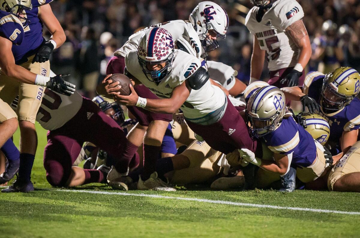 Union Mine Diamondbacks running back Jayden Tinker stretches over the goal line for a touchdown against the Bradshaw Christian Pride during the first quarter at the high school football game Friday, Sept. 29, 2023, at Bradshaw Christian.
