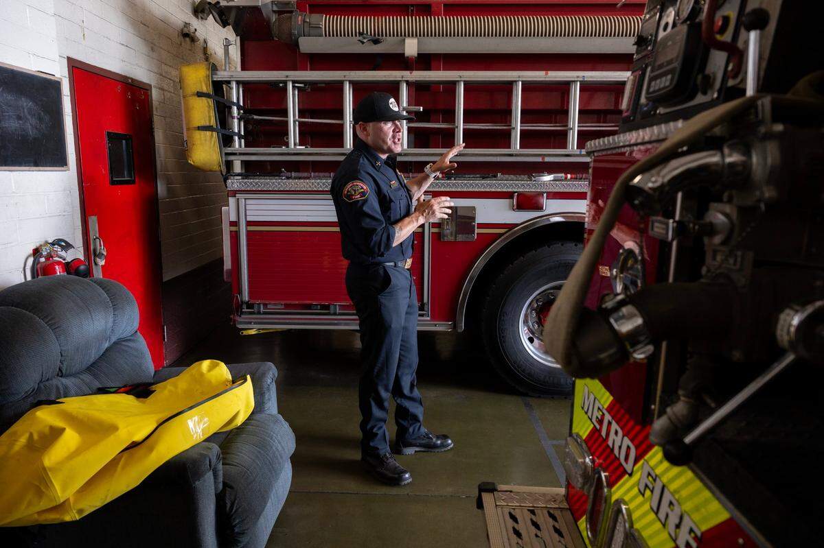 Sacramento Metropolitan Fire Battalion Chief Parker Wilbourn, a spokesman for the district, explains challenges firefighters are facing with older equipment and outdated facilities at Station 41 in North Highlands earlier this month. Sacramento County’s Measure O would issue bonds for new equipment and facilities.