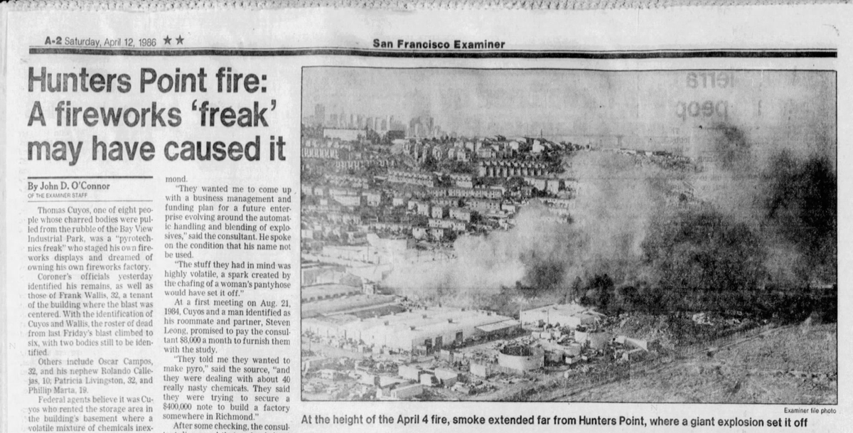 A section from the April 12, 1986 edition of the San Francisco Examiner captures the devastation of the Bayview fireworks explosion.
