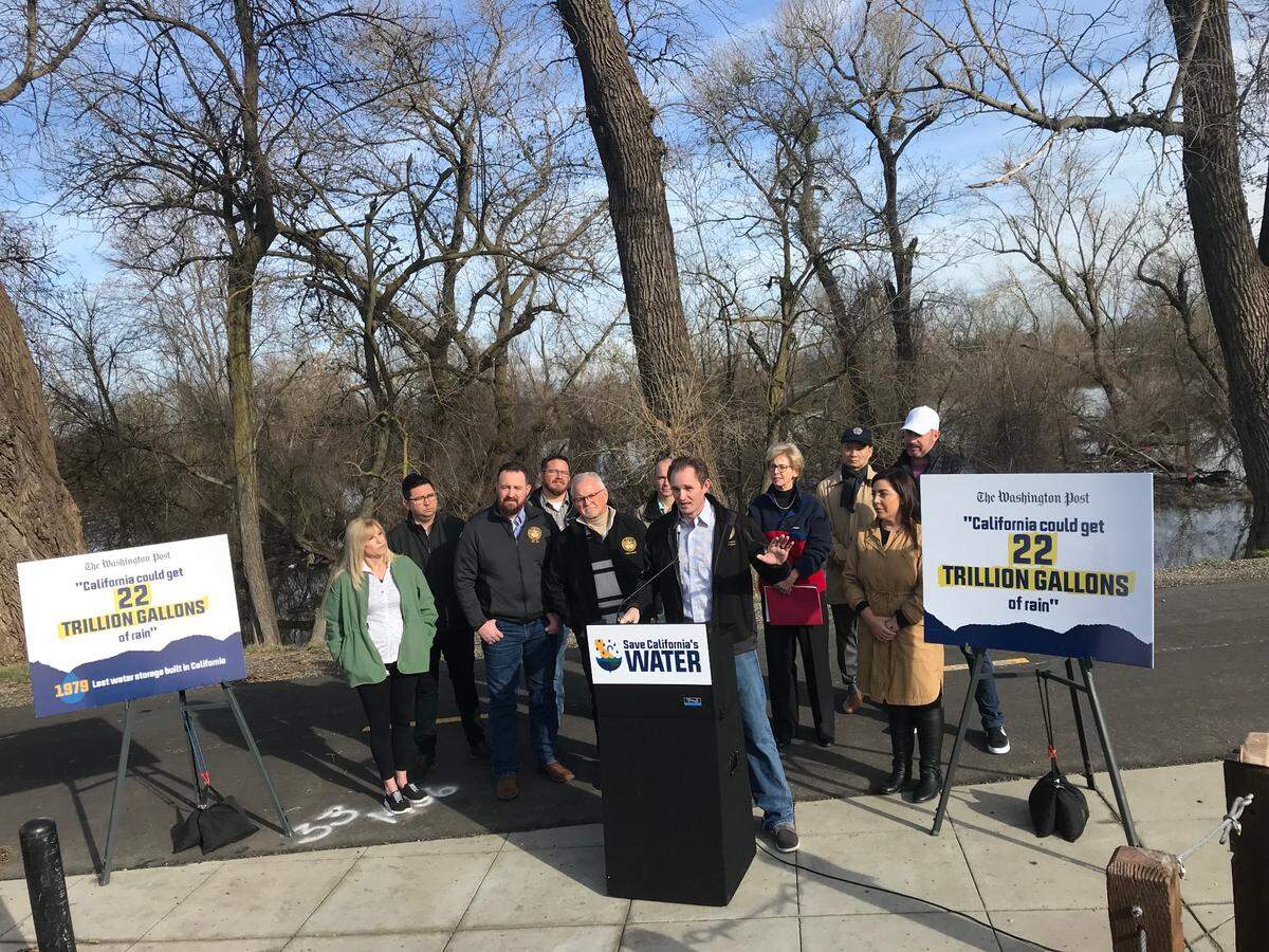 James Gallagher, R-Nicolaus, Republican leader of the California Assembly, speaks Thursday flanked by fellow GOP lawmakers unhappy with the state’s progress in increasing water storage capacity.