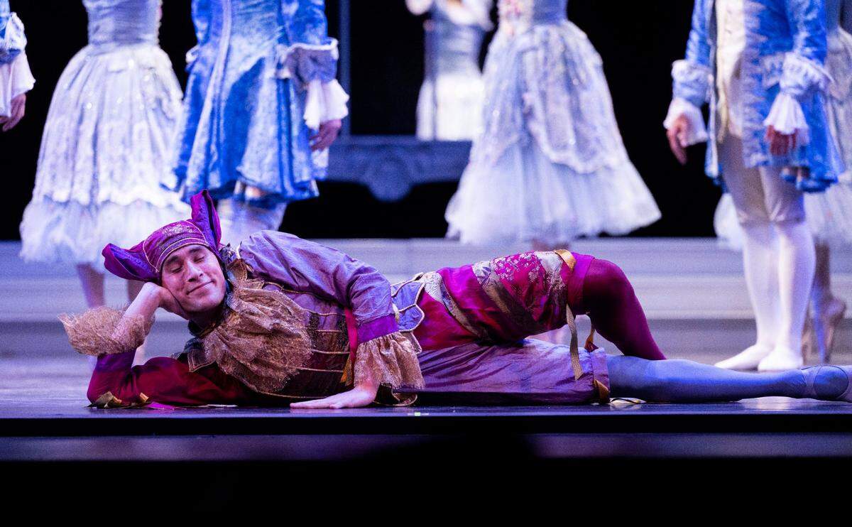 Wyatt McConville-McCoy plays a jester in Sacramento Ballet’s dress rehearsal of Cinderella on Thursday, Feb. 15, 2024, at the SAFE Credit Union Performing Arts Center.
