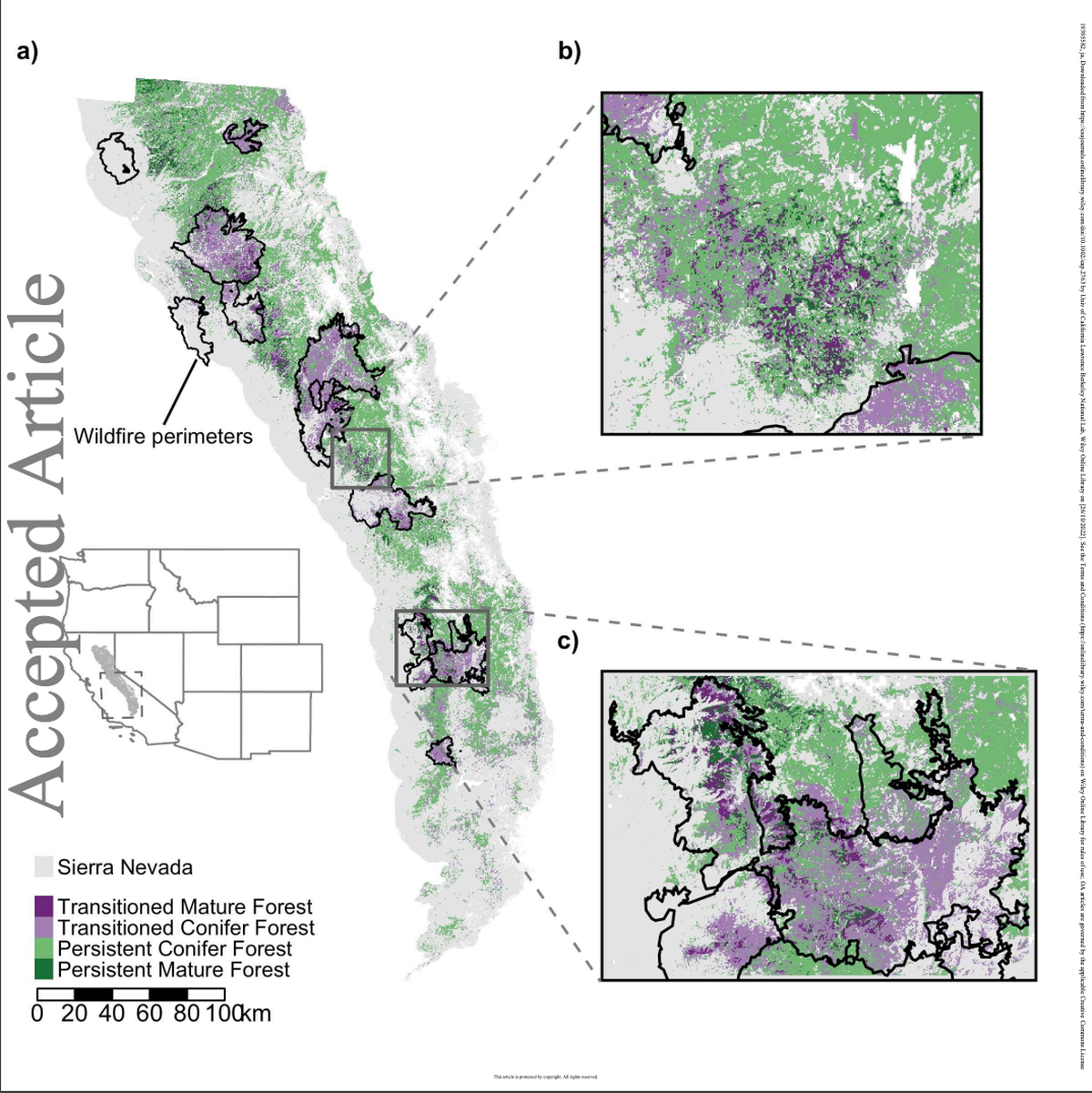 Hectares of conifer forest change due to drought, wildfire, and drought-related bark beetle infestation between 2011 and 2020 in the Sierra Nevada area studied by UC Berkeley researcher Zachary L. Steel and others.