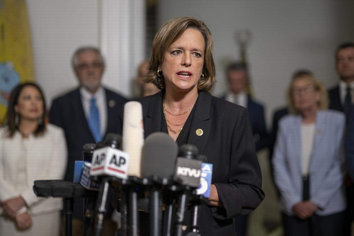 Texas Rep. Ann Johnson, D-Houston, speaks during a news conference on redistricting at the Governor's Mansion in downtown Sacramento on Friday. California legislative leaders met with Texas Democratic lawmakers about Republican plans to redistrict.