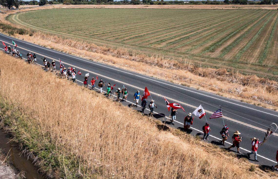 Supporters and members of the United Farm Workers Union march after making an overnight stop in Galt on Tuesday.