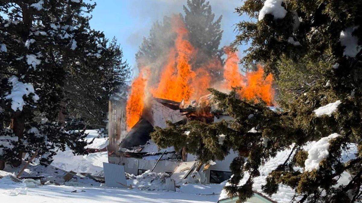 Firefighters on Thursday March 2, 2023, found a home engulfed in flames after an explosion occurred along Piute Street in the small community of Meyers near South Lake Tahoe, California.