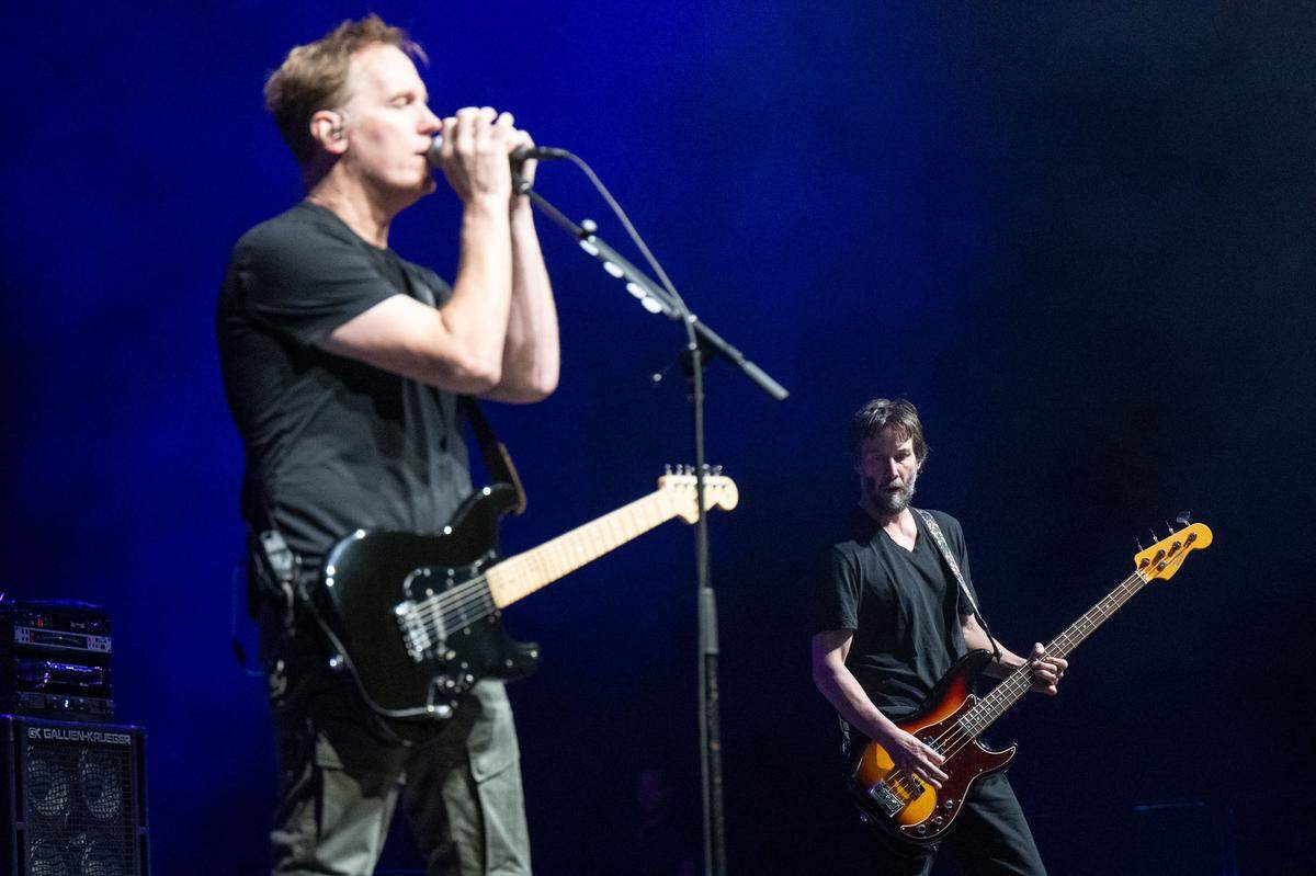Lead vocalist Bret Domrose, left, and bassist Keanu Reeves perform as Dogstar on Saturday, Sept. 14, 2024, at the Hard Rock Live Sacramento near Wheatland.