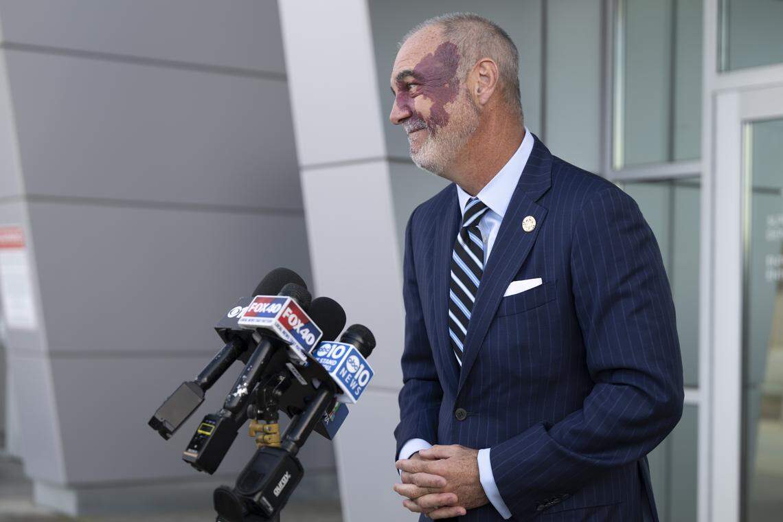 Placer County District Attorney Morgan Gire speaks to the media after David Allen Funston’s first court appearance in Placer County Superior Court in Roseville on Monday.