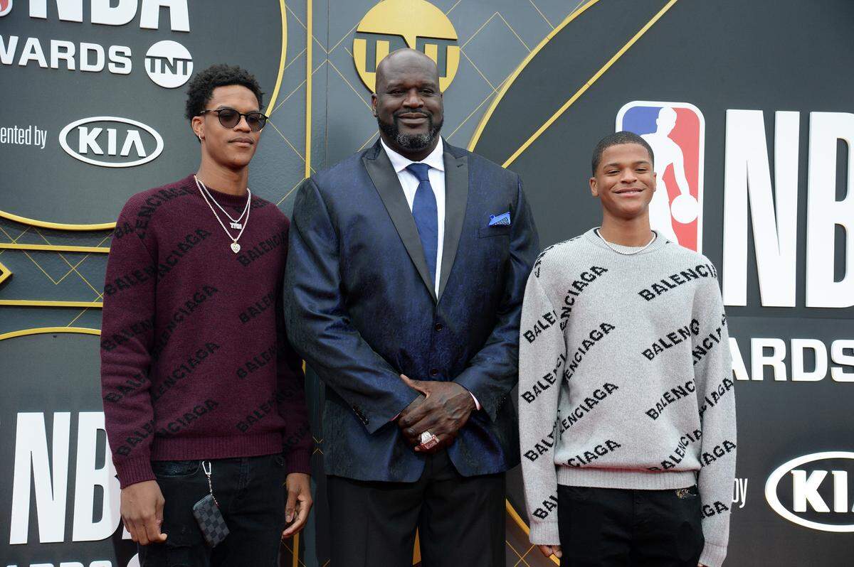 Former NBA star Shaquille O’Neal and sons Sharif O’Neal and Shaqir O’Neal arrive on the red carpet for the 2019 NBA Awards show in Los Angeles on June 24, 2019.