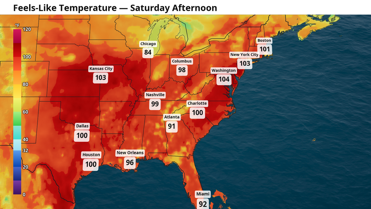 Forecast feels-like temperatures for the afternoon of Saturday, July 4, across the eastern U.S.