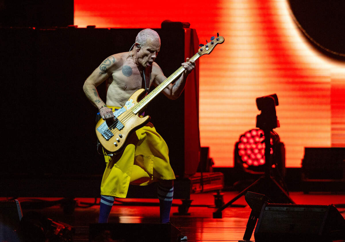 Red Hot Chili Peppers bassist Flea strums at the Toyota Amphitheatre near Wheatland on Sunday, June 2, 2024.