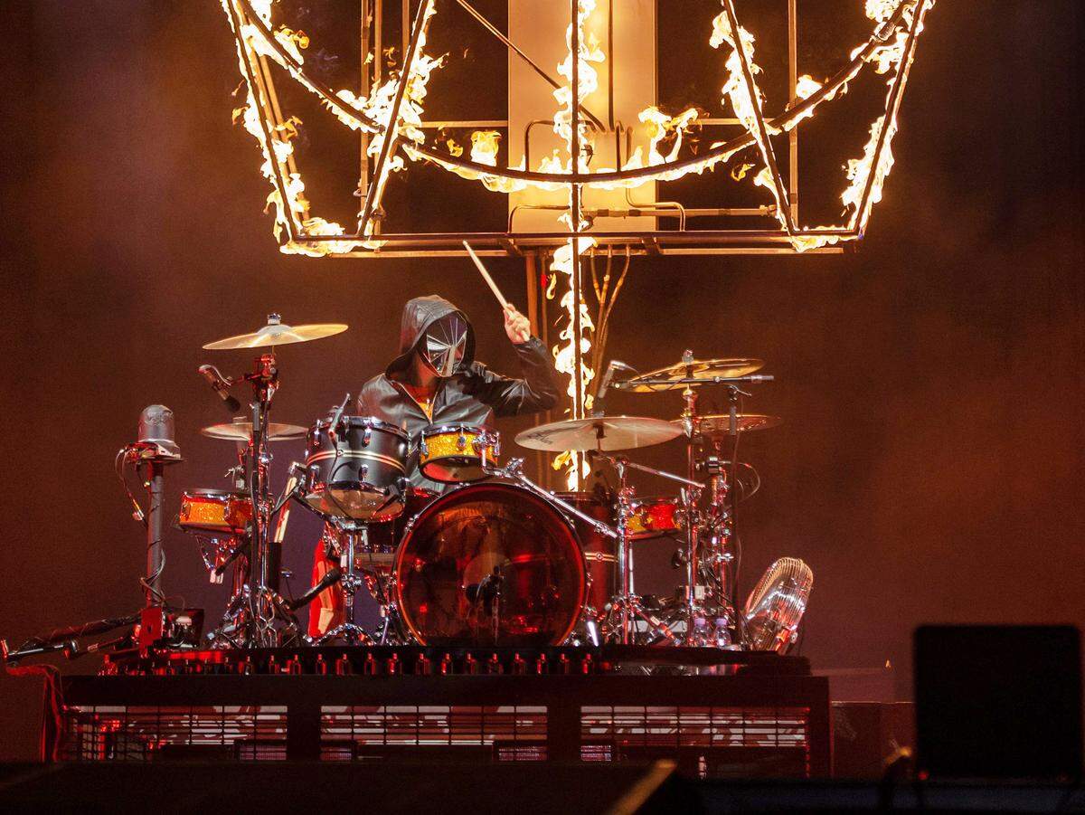 Dominic Howard of Muse performs on the Jack Daniel’s Stage on the fourth day at the Aftershock rock festival Sunday, Oct. 9, 2022, at Discovery Park in Sacramento.