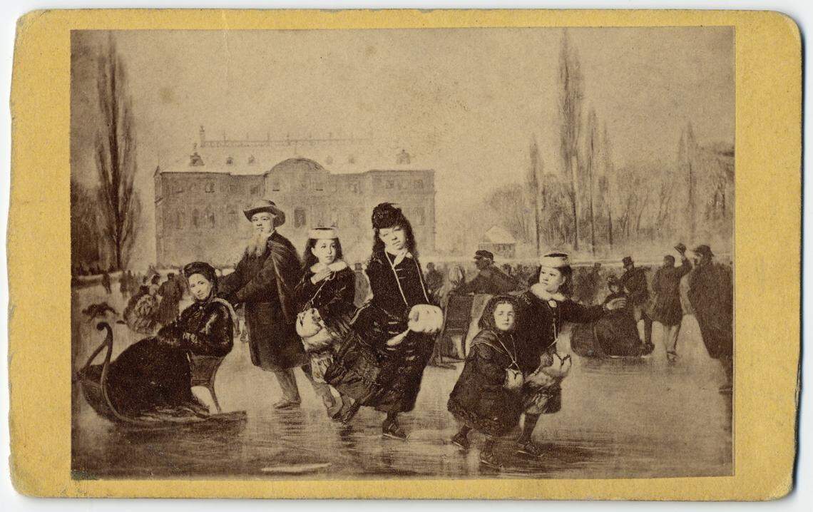 A copy of a circa 1869 painting shows the Crocker family – including Judge Edwin B. Crocker, his wife Margaret Crocker and their daughters Nellie, Kat, Jennie and Amy – ice skating in Europe.