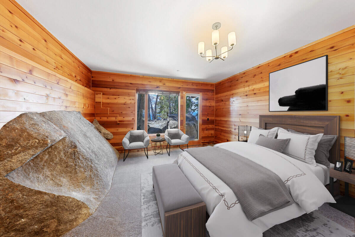 The bohemian-meets-modern aesthetic of Granite Shores, with its exposed granite, peaked ceilings, and artistic touches, makes this Kings Beach estate a true one-of-a-kind Tahoe showstopper.
