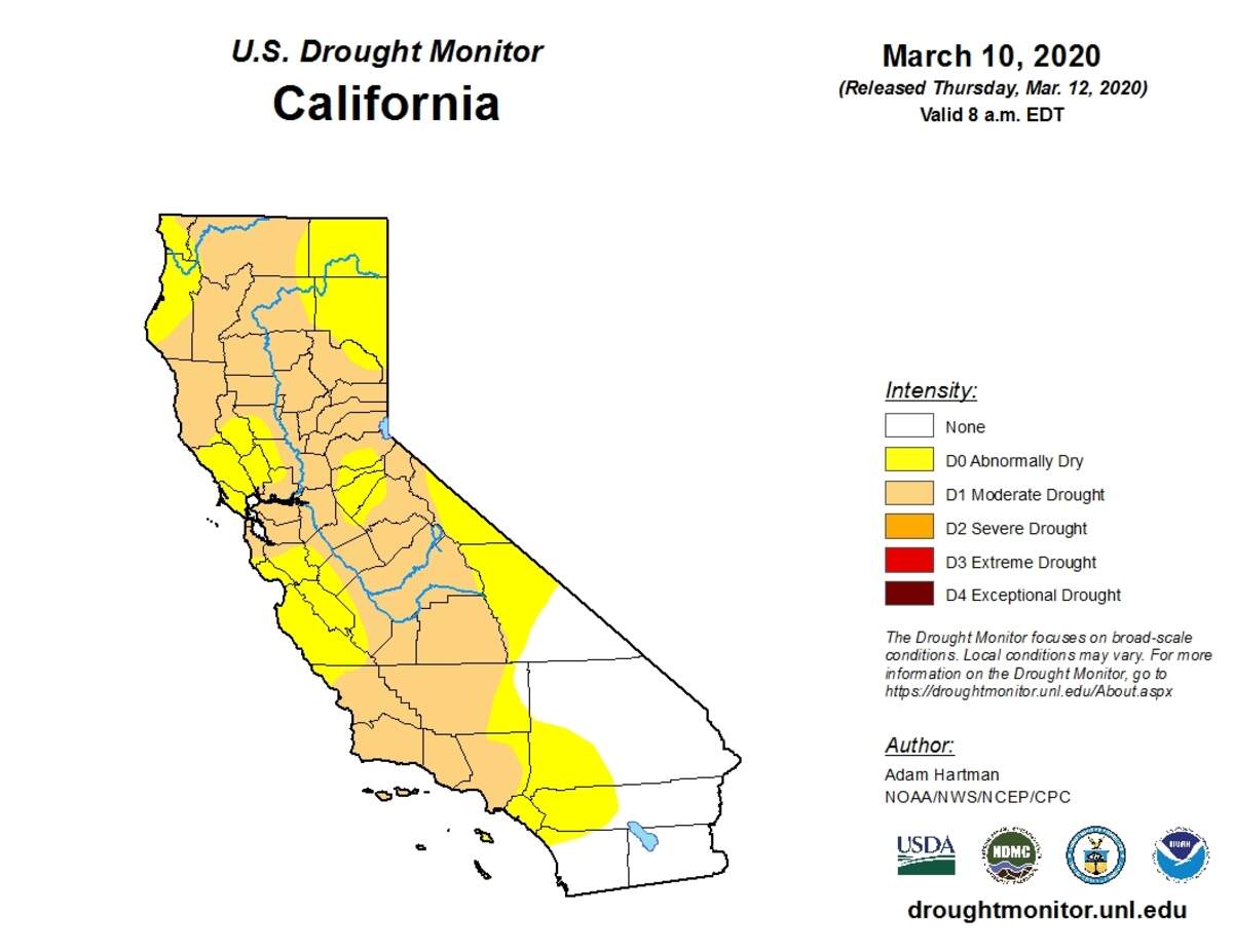 A map released by the U.S. Drought monitor shows large swaths of California either “abnormally dry” or in “moderate drought” status, with data valid through March 10, 2020.