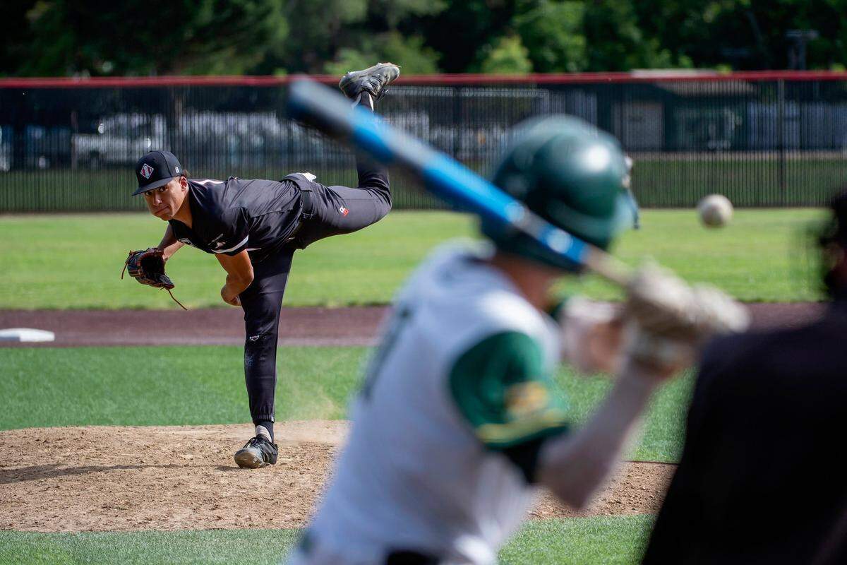 Alpha Charter Angels pitcher Jaxon Byrd pitches in the bottom of the third inning on June 2 against Rio Americano. Byrd is The Bee’s Smaller School Player of the Year.