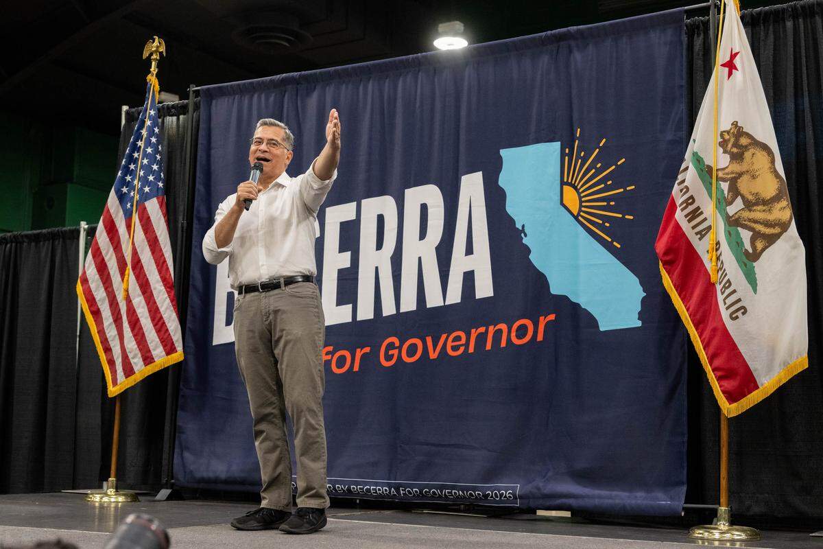 Gubernatorial candidate Xavier Becerra speaks during a hometown rally at Sacramento State on Monday. Becerra has served in the California Assembly, Congress, as California attorney general and as U.S. secretary of Health and Human Services.