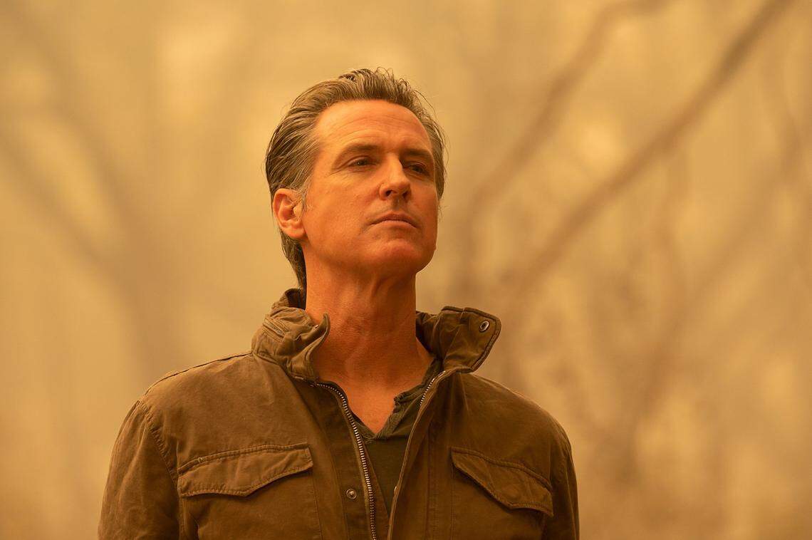 Gov. Gavin Newsom tours the North Complex Fire zone near Lake Oroville in September.