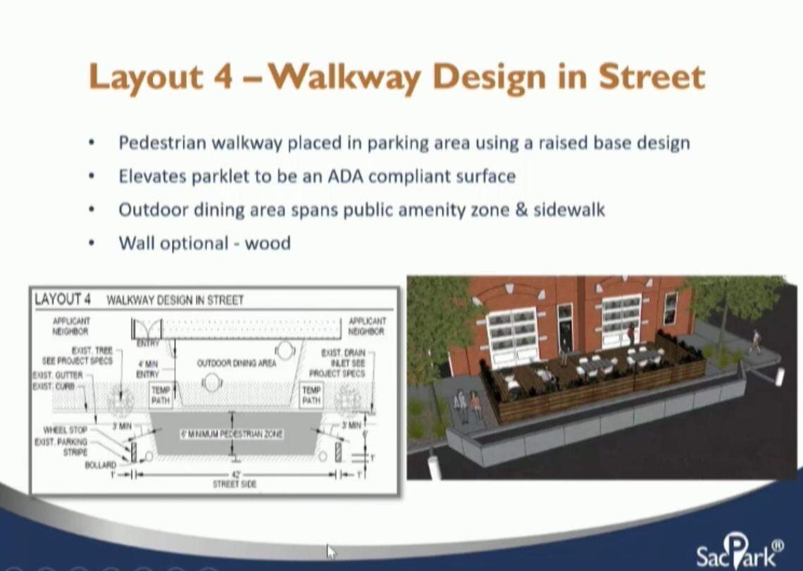 Layout four allows businesses with limited space to extend sidewalks into parking stalls using a raised street deign.