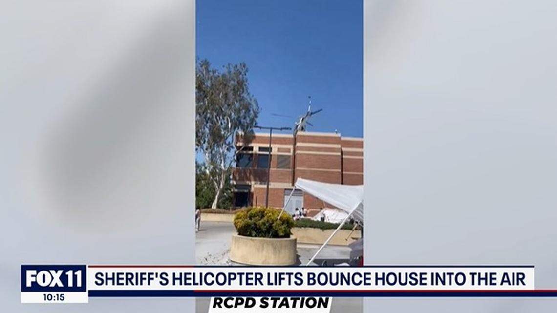Three children were hurt at a police open house Saturday, April 30, in Rancho Cucamonga when downdrafts from a helicopter landing nearby carried away a bounce house, California cops say.
