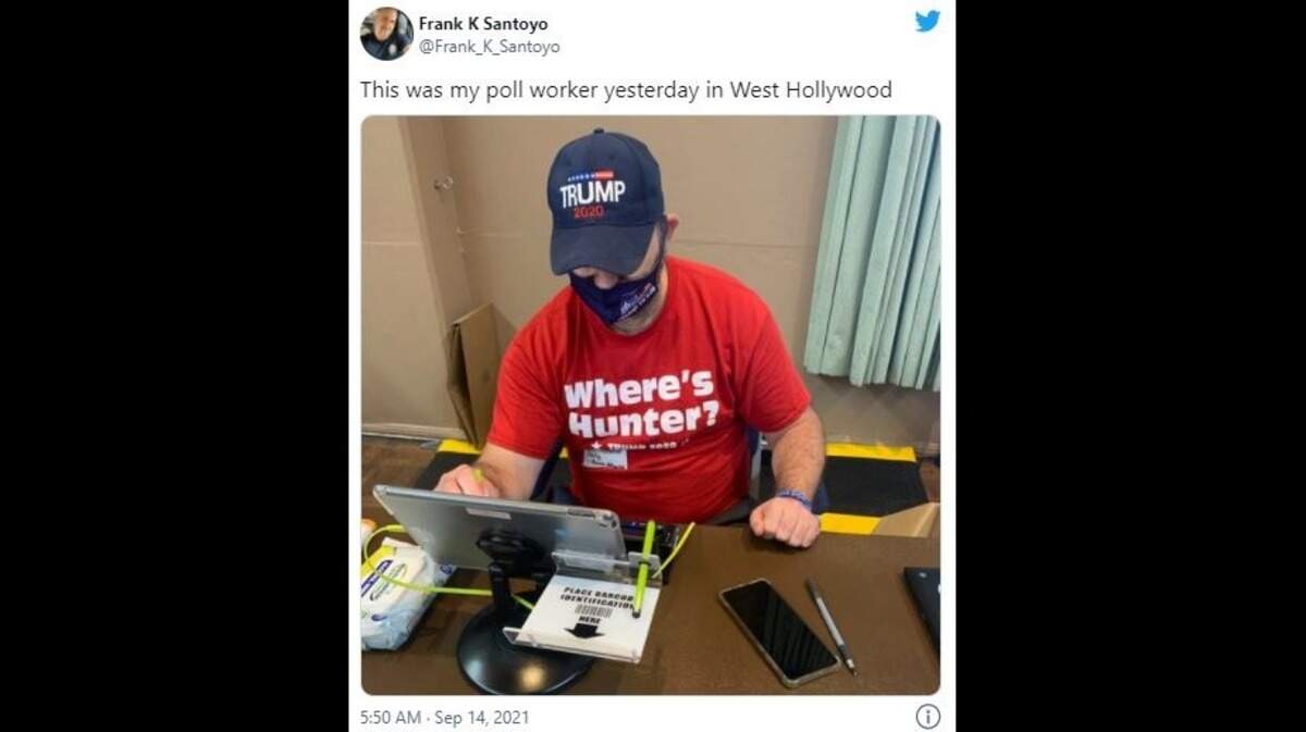 A California election worker who repeatedly wore clothing supporting former President Donald Trump was sent home Tuesday from a West Hollywood polling place.