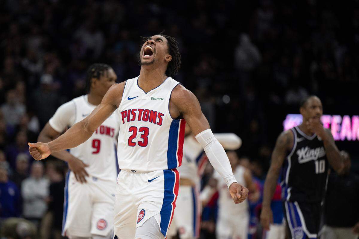 Detroit Pistons guard Jaden Ivey (23) celebrates after the victory over the Sacramento Kings on Dec. 26 at Golden 1 Center.