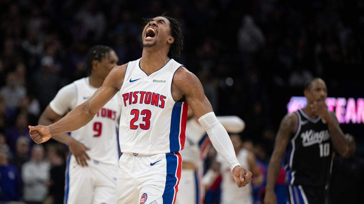 Detroit Pistons guard Jaden Ivey (23) celebrates after the victory over the Sacramento Kings on Thursday at Golden 1 Center.