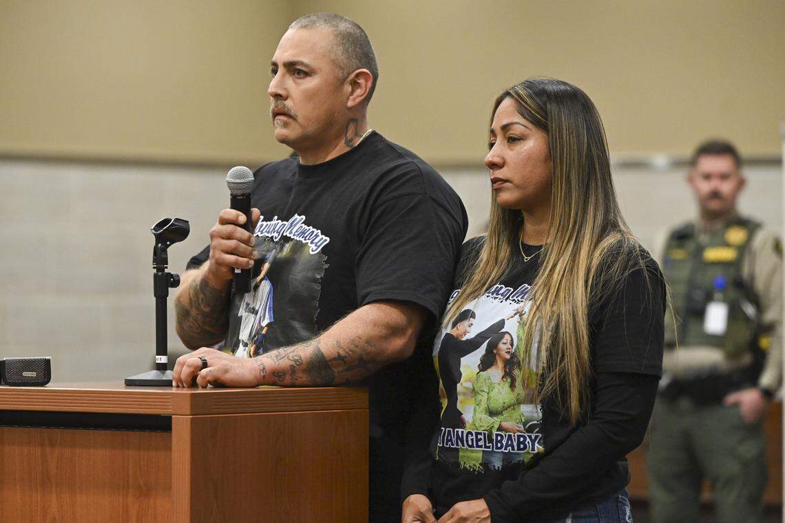 Matt Voller, left, father of 18-year-old Esparto explosion  victim Angel Mathew Voller speaks in Yolo Superior Court in Woodland on Thursday, April 16, 2026, during the arraignment of those indicted for the explosion.