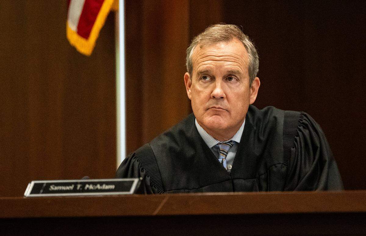 Judge Samuel T. McAdam listens Wednesday, May 7, 2025, during the first trial of Carlos Reales Dominguez in Yolo Superior Court in Woodland.