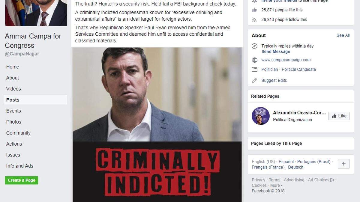 Ammar Campa-Najjar took to Facebook to label Rep. Duncan Hunter as a national security risk.