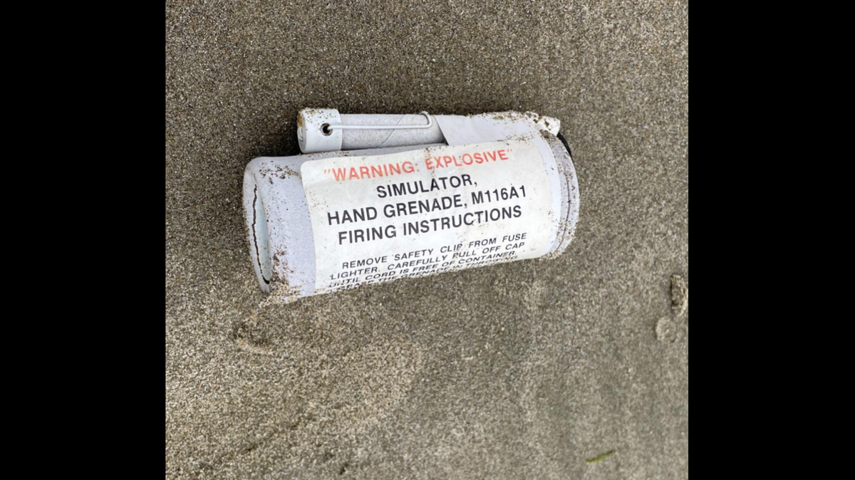 Three hand grenade simulators with an explosive label washed up on an Oregon beach, authorities said. 