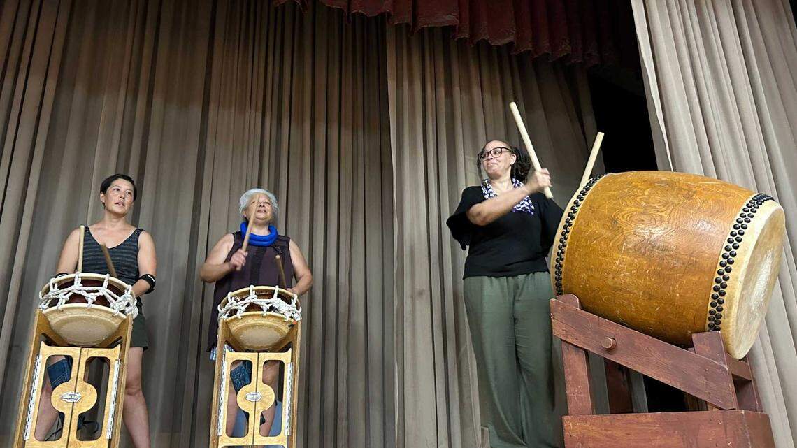 Community members play taiko, or Japanese drums, at a Bon Odori dance practice in preparation for Obon on Thursday, July 11, 2024.