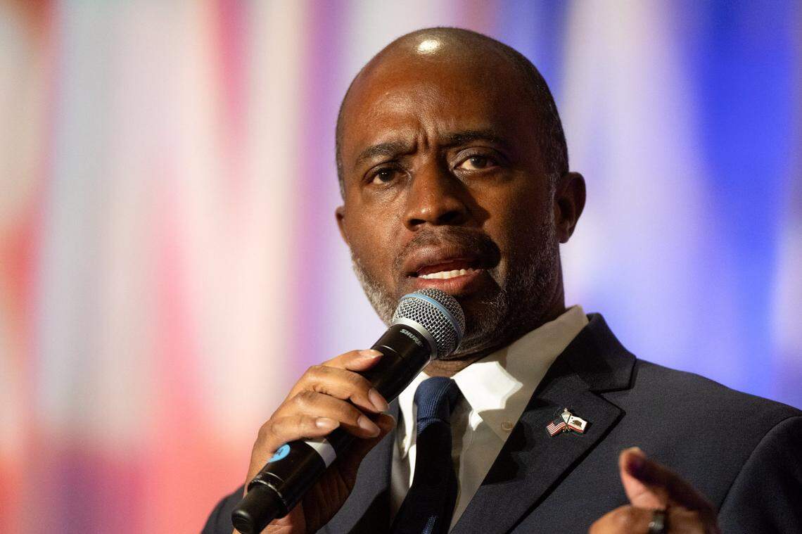 Thurmond, pictured at a forum last year, has railed against California Democratic Party Chair Rusty Hicks and others who’ve tried to encourage lower-polling candidates to drop out. Thurmond says those calls target candidates of color. 