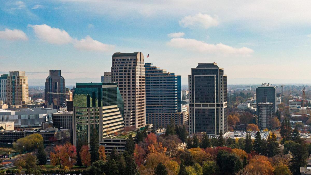 Downtown Sacramento is photographed Dec. 6, 2019, from a drone over the Sacramento River.
