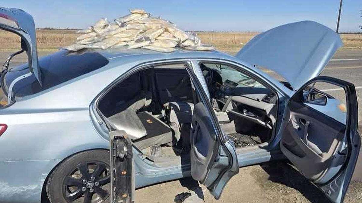 Investigators on Nov. 16, 2024, pulled over a blue Toyota Camry loaded with 121 pounds of crystal methamphetamine packed in hidden compartments on Interstate 5 in Sacramento County.