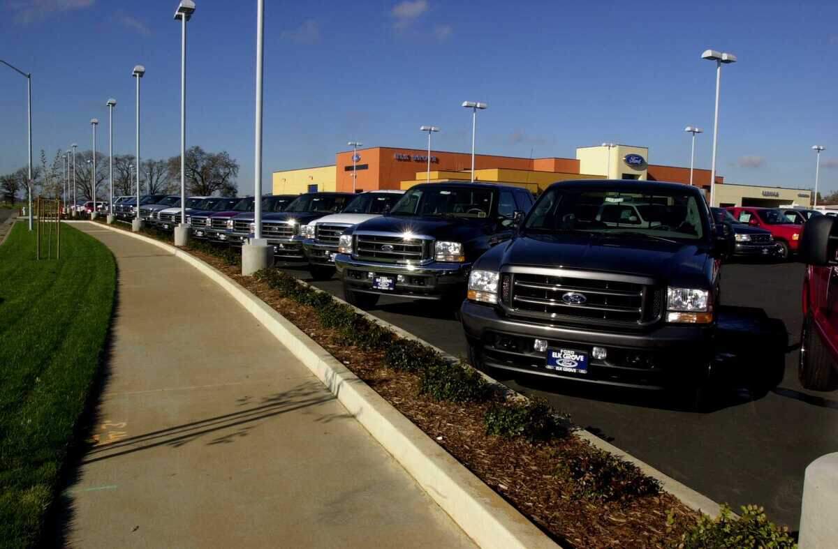 Ford trucks line a road at the Elk Grove Auto Mall in Elk Grove in 2002. Officials say improvements identified in the forthcoming master plan will be implemented over the next five years as funding becomes available.