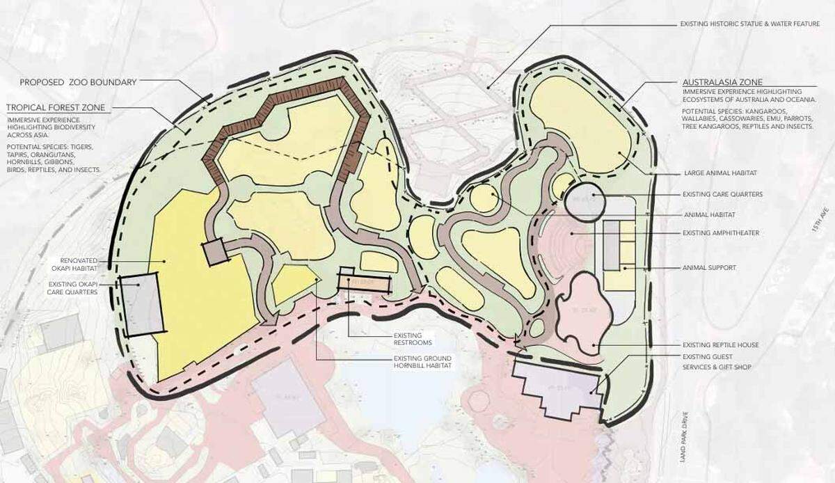 A conceptual diagram of the northern expansion area for the Sacramento Zoo in William Land Park shows that the proposed boundary would now exclude the historic Swanston statue and its adjacent water features. The new zoo exhibits would include a tropical zone and an Australasia zone. 
