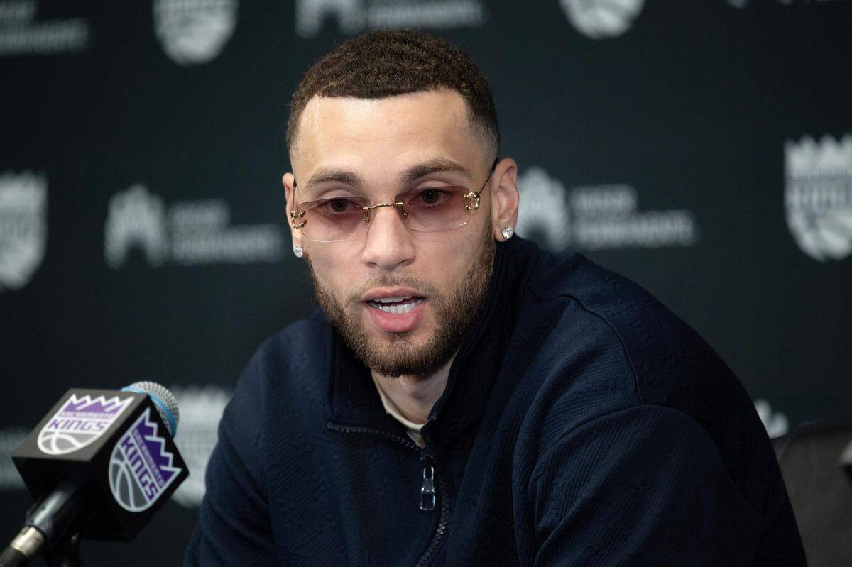 Zach LaVine speaks during his debut press conference on Wednesday at Golden 1 Center following the trade that brought him to the Sacramento Kings from the Chicago Bulls.