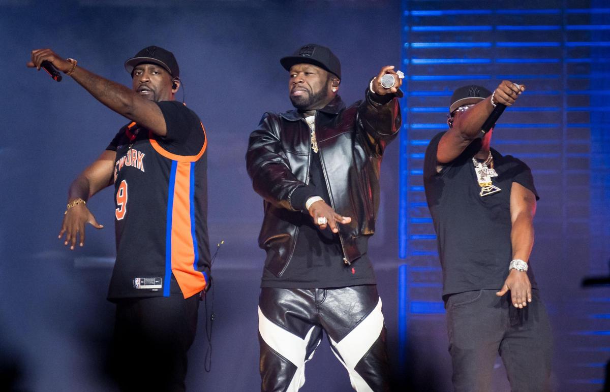 Curtis “50 Cent” Jackson, center, performs “What Up Gangsta” with members of G-Unit, including Tony Yayo at left, on his The Final Lap Tour at Golden 1 Center on Monday, Sept. 4, 2023, in Sacramento. The tour also featured Busta Rhymes and Jeremih.