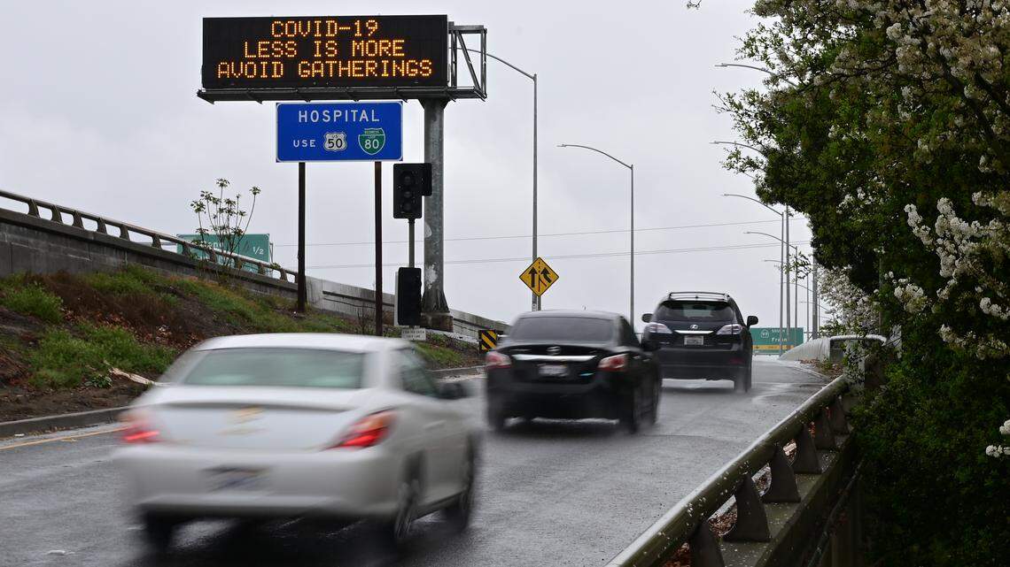 A Caltrans electronic highway sign on Highway 50 in Sacramento on Saturday, March 14, 2020, encourages people to avoid gatherings as a way to contain the spread of the coronavirus. Caltrans is using its 700 electronic signs to display public safety messages in response to California’s declared emergency for COVID-19.