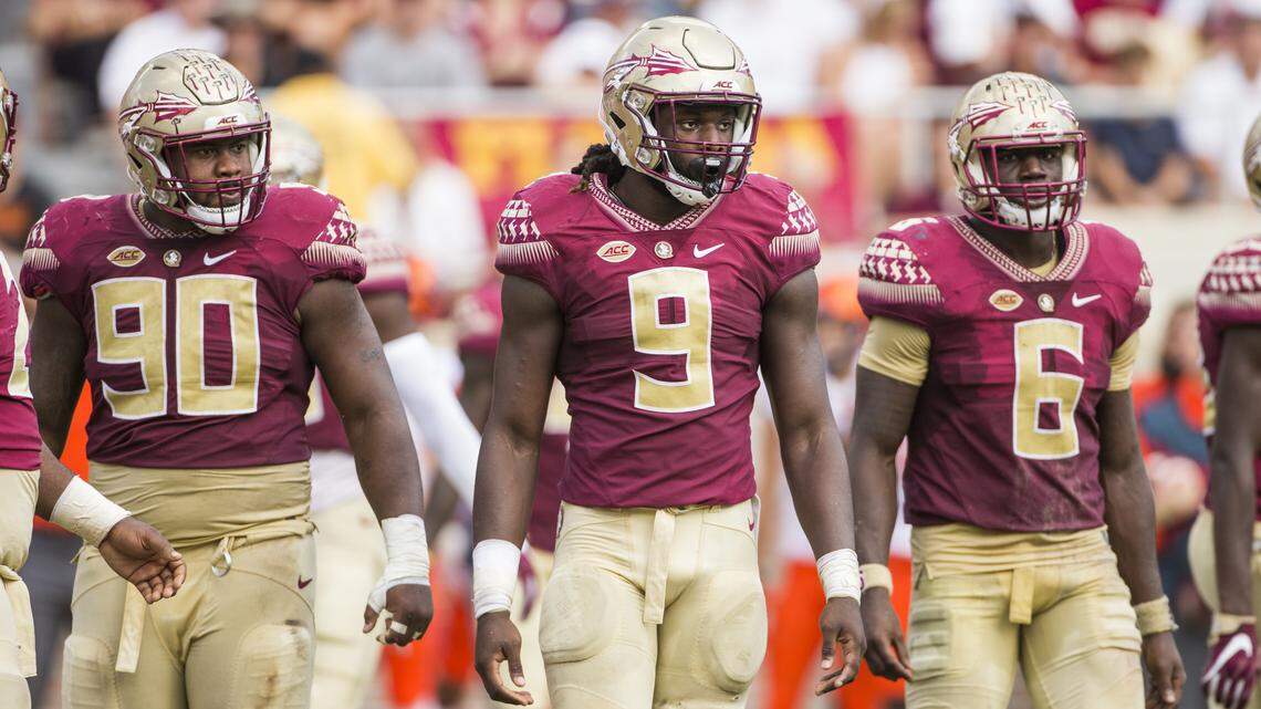 Florida State defensive end Josh Sweat (9) could be a candidate for the 49ers' "leo" position during this year's NFL draft.
