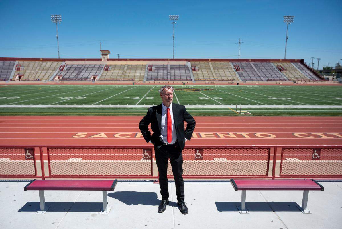 Adam Mclean stands at Hughes Stadium on Thursday. He is the commissioner of a new upstart professional football league, called called Major League Football, that starts this fall with home games at Sacramento City College.