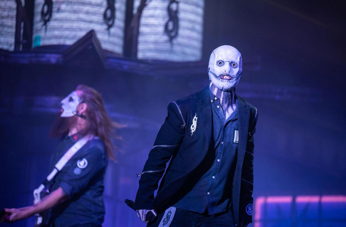 Slipknot frontman Corey Taylor looks out over the audience as the band closes opening night on the Jack Daniel’s Stageat the Aftershock rock festival Thursday.