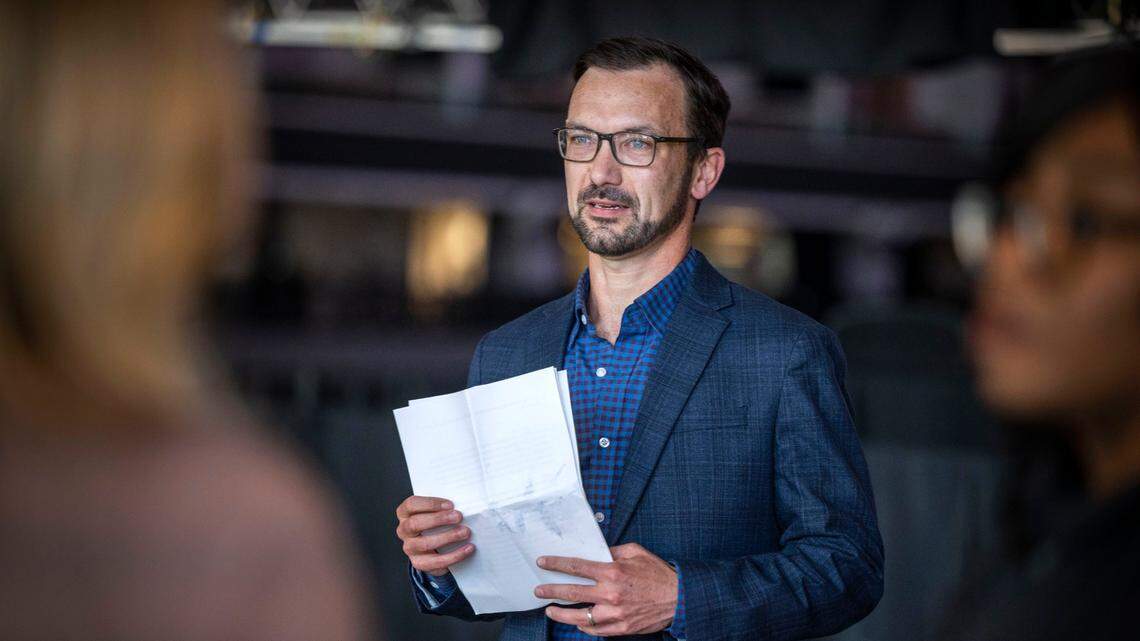 Daniel Conway, chair of Sacramentans for Safe and Clean Streets and Parks, prepares to speak on Wednesday, April 6, 2022, at Golden 1 Center about a petition to place the “Emergency Homeless Shelter and Enforcement Act of 2022” on the November ballot. The measure would require the city of Sacramento to create shelter beds for the majority of its homeless population.
