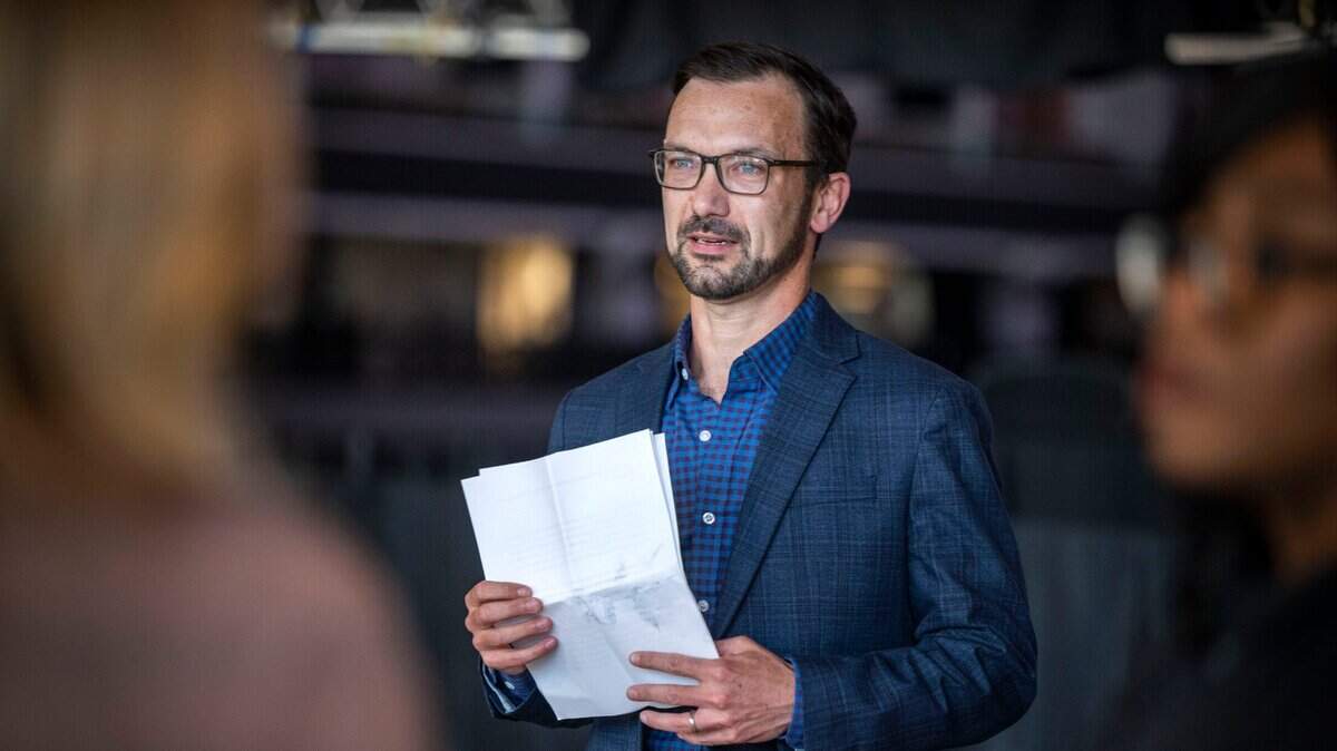 Daniel Conway, chair of Sacramentans for Safe and Clean Streets and Parks, prepares to speak on Wednesday, April 6, 2022, at Golden 1 Center about a petition to place the “Emergency Homeless Shelter and Enforcement Act of 2022” on the November ballot. The measure would require the city of Sacramento to create shelter beds for the majority of its homeless population.