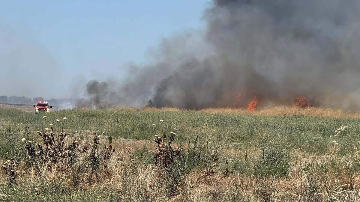 The Woodland Fire Department battles the second of at least four grass fires sparked in Woodland on Wednesday, which started north of East Kentucky Avenue between North Pioneer Avenue and County Road 101. A Woodland woman was arrested in connection with the fires later Wednesday, the Woodland Police Department said.