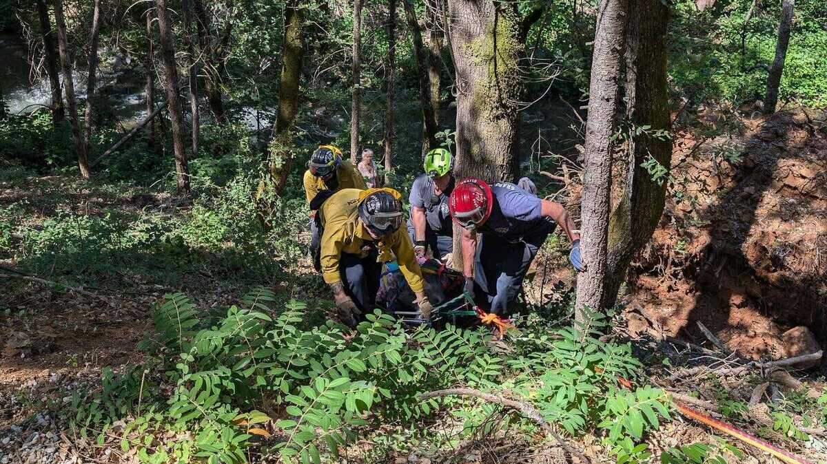 Grass Valley and Nevada City firefighters rescue a hiker who fell approximately 80 feet down the hill Tuesday, July 2, 2024, on the Wolf Creek Trail. Crews used a rope system to pull the hiker out.