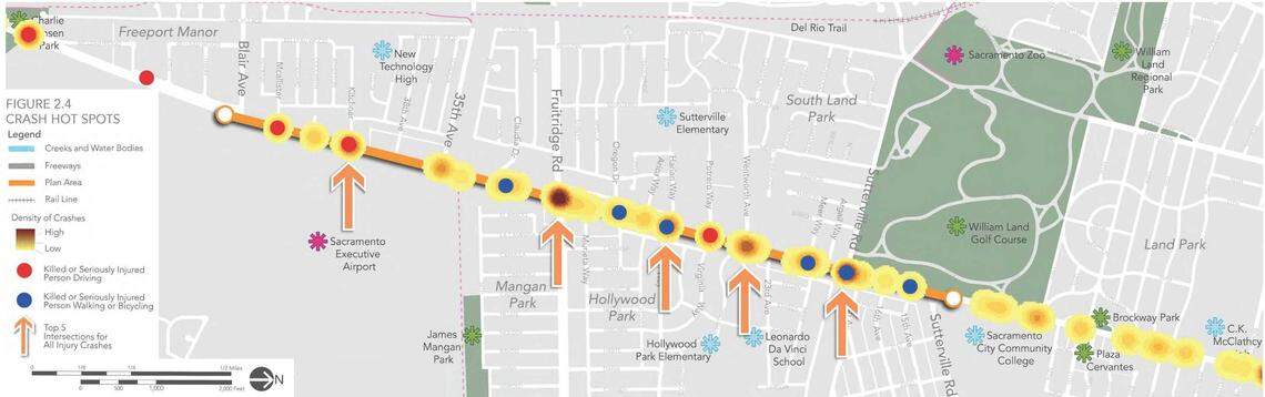 A map from a city document of Freeport Boulevard, orientated to the west, shows the incidents of pedestrian and cycling fatalities along the roadway. The Jan. 31, 2018, crash that killed Qui Chang Zhu and maimed her grandson, Jian Hao Kuang, is noted as the first blue dot to the right of Fruitridge Road near the center of the map. The map was part of a presentation that proposed changes to the roadway to make it safer, but funding for the project has not been secured.