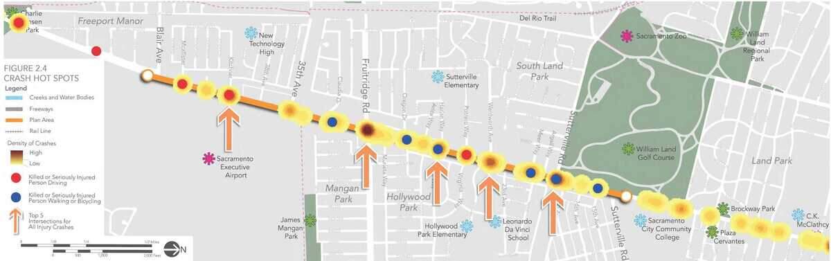 A map from a city document of Freeport Boulevard, orientated to the west, shows the incidents of pedestrian and cycling fatalities along the roadway. The Jan. 31, 2018, crash that killed Qui Chang Zhu and maimed her grandson, Jian Hao Kuang, is noted as the first blue dot to the right of Fruitridge Road near the center of the map. The map was part of a presentation that proposed changes to the roadway to make it safer, but funding for the project has not been secured.